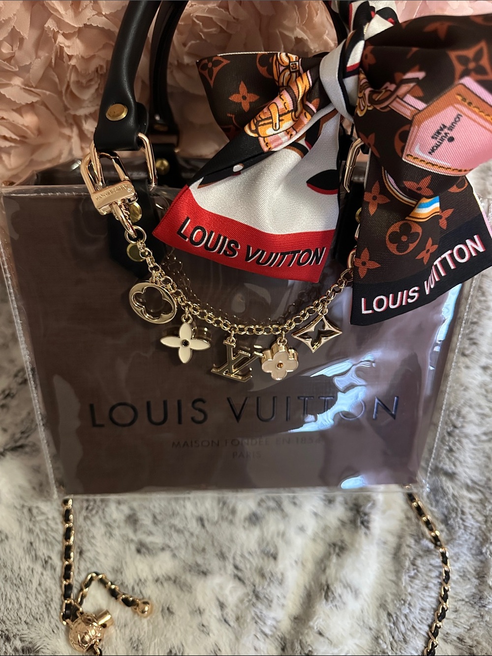 Vintage Louis Vuitton Chocolate Gift Bag Tote with Bag Chain,Scarf,Xbody Chain❤️